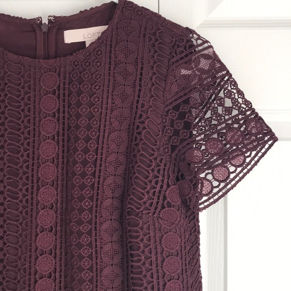 LOFT Burgundy Lace Short Sleeved Shift Dress - Picture 2 of 4